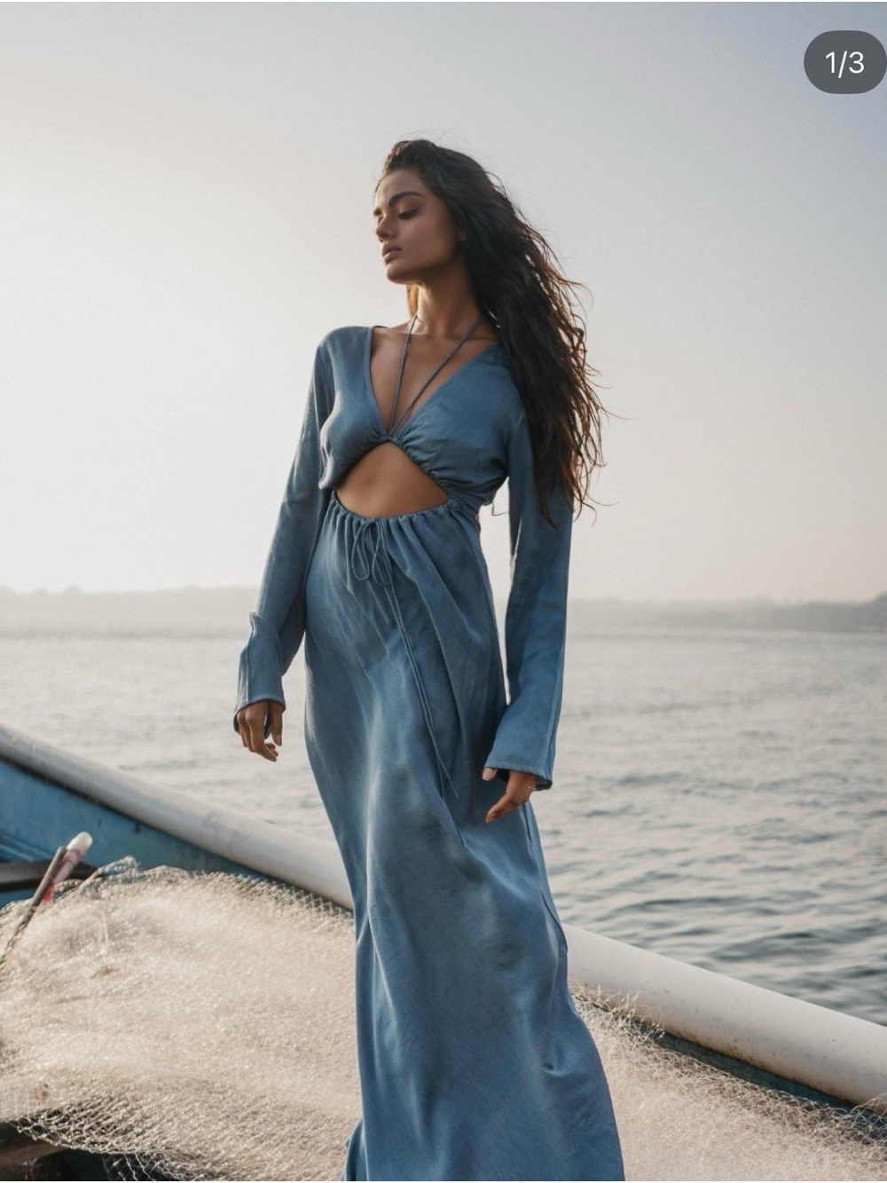 STUDIO TIA | Hera Dress in Aegean Blue | Cutout Long-Sleeve Maxi Dress